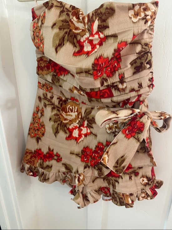 Olivaceous Pants - Olivaceous Strapless Floral Tie-Waist Romper in Beige and Orange